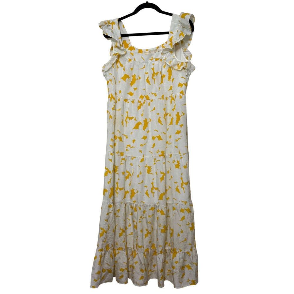 Marie Oliver Yellow White Abstract 100%‎ Silk Tiered Ruffle Maxi Dress Womens M